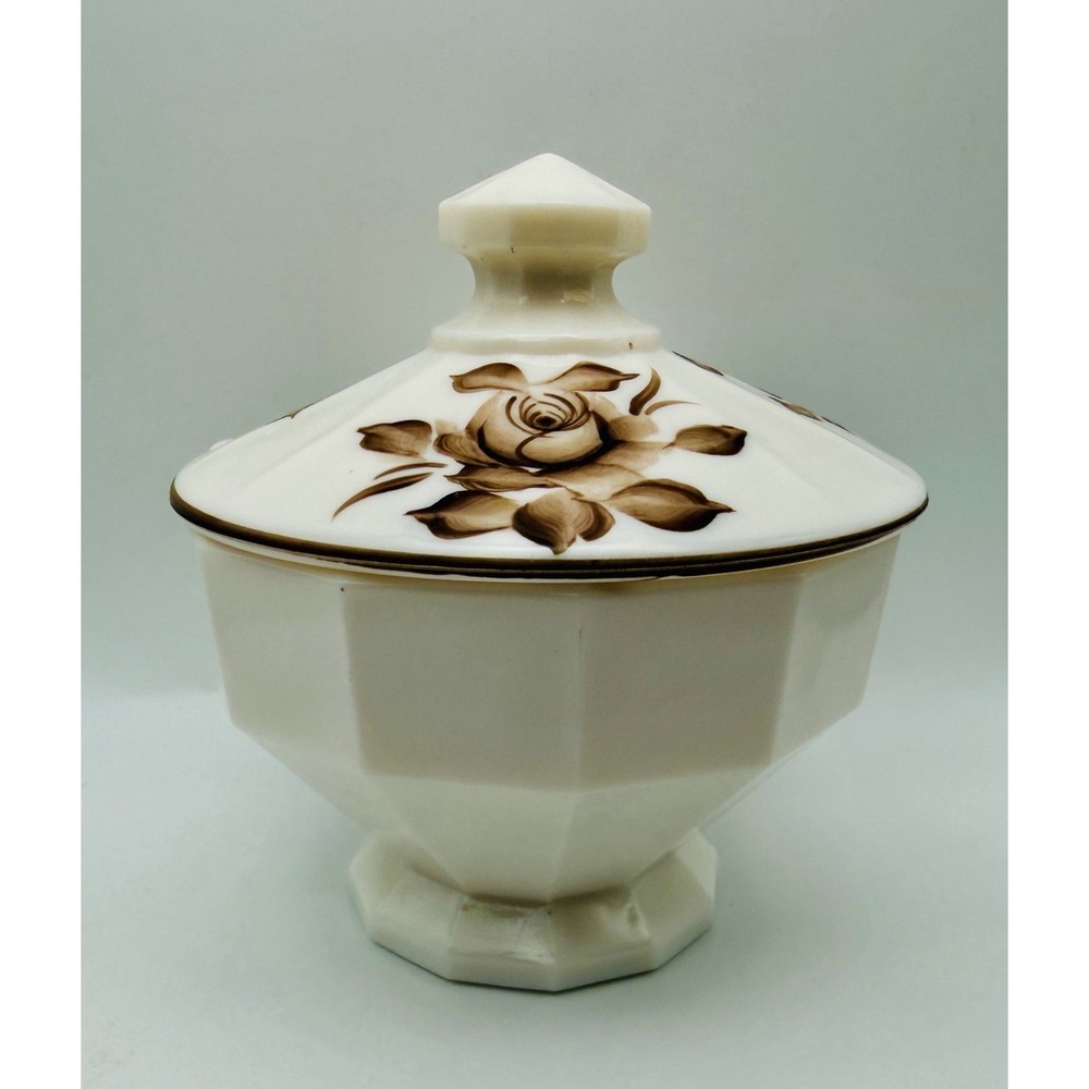 VTG 1980 Westmoreland Almond Milk Glass Covered Candy Dish Hand Painted & Signed